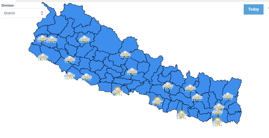Monsoon conditions prevail across Nepal, rain and snowfall likely