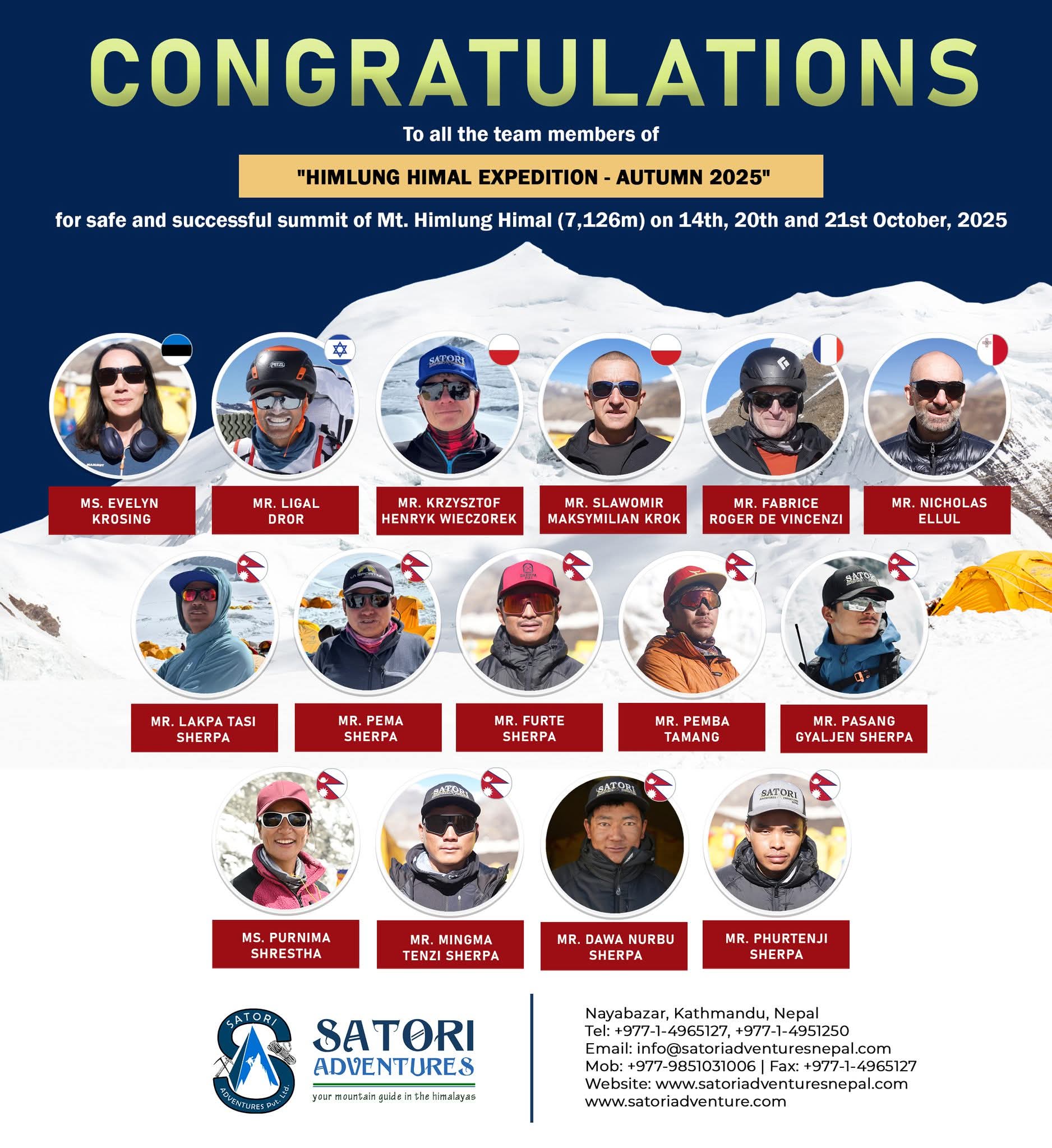 Fourteen climbers, including Purnima Shrestha, successfully summit Mt. Himlung Himal with Satori Adventure